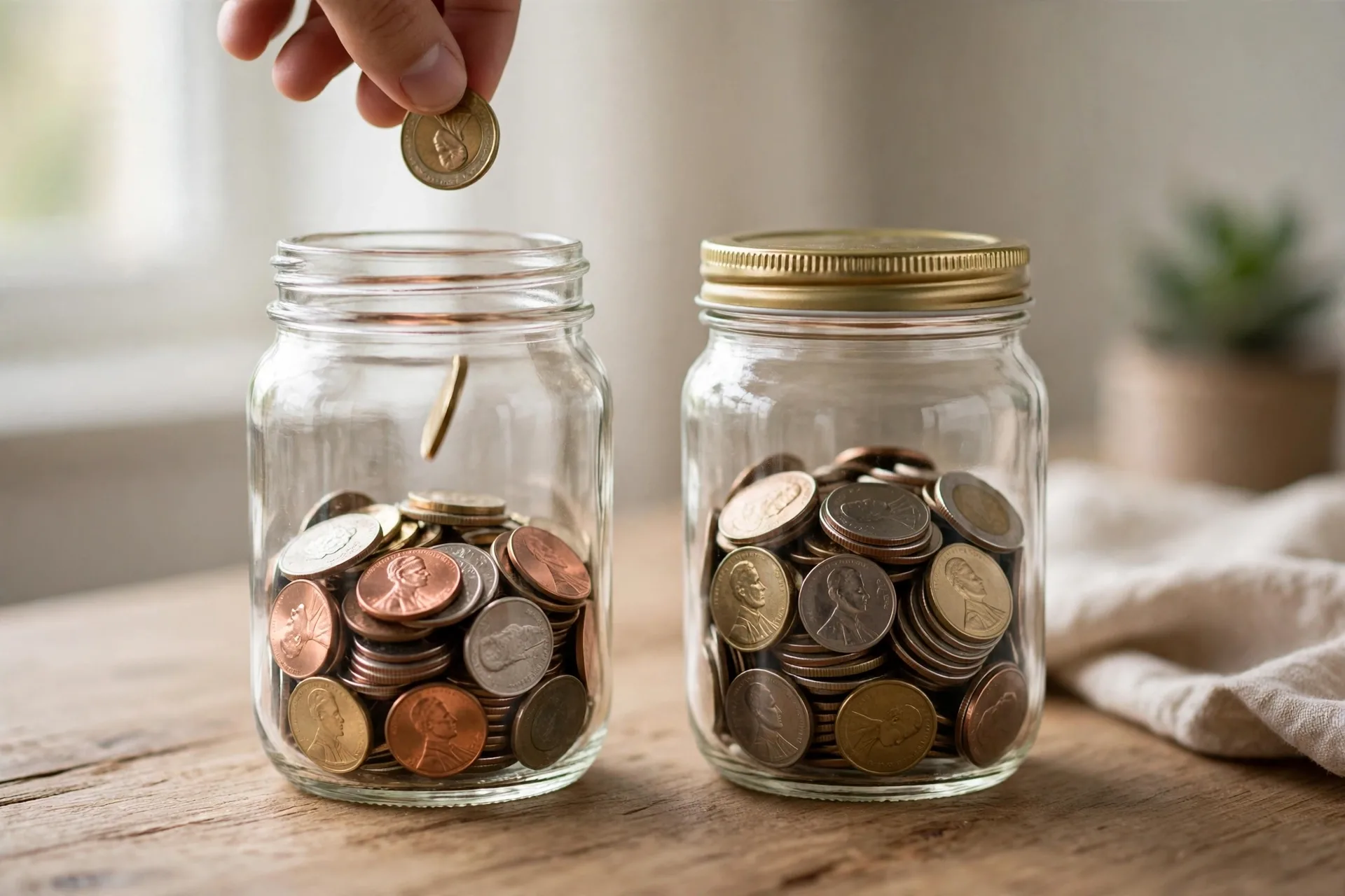 Two savings jars showing Roth IRA vs Traditional IRA tax timing, pay tax now or pay tax later