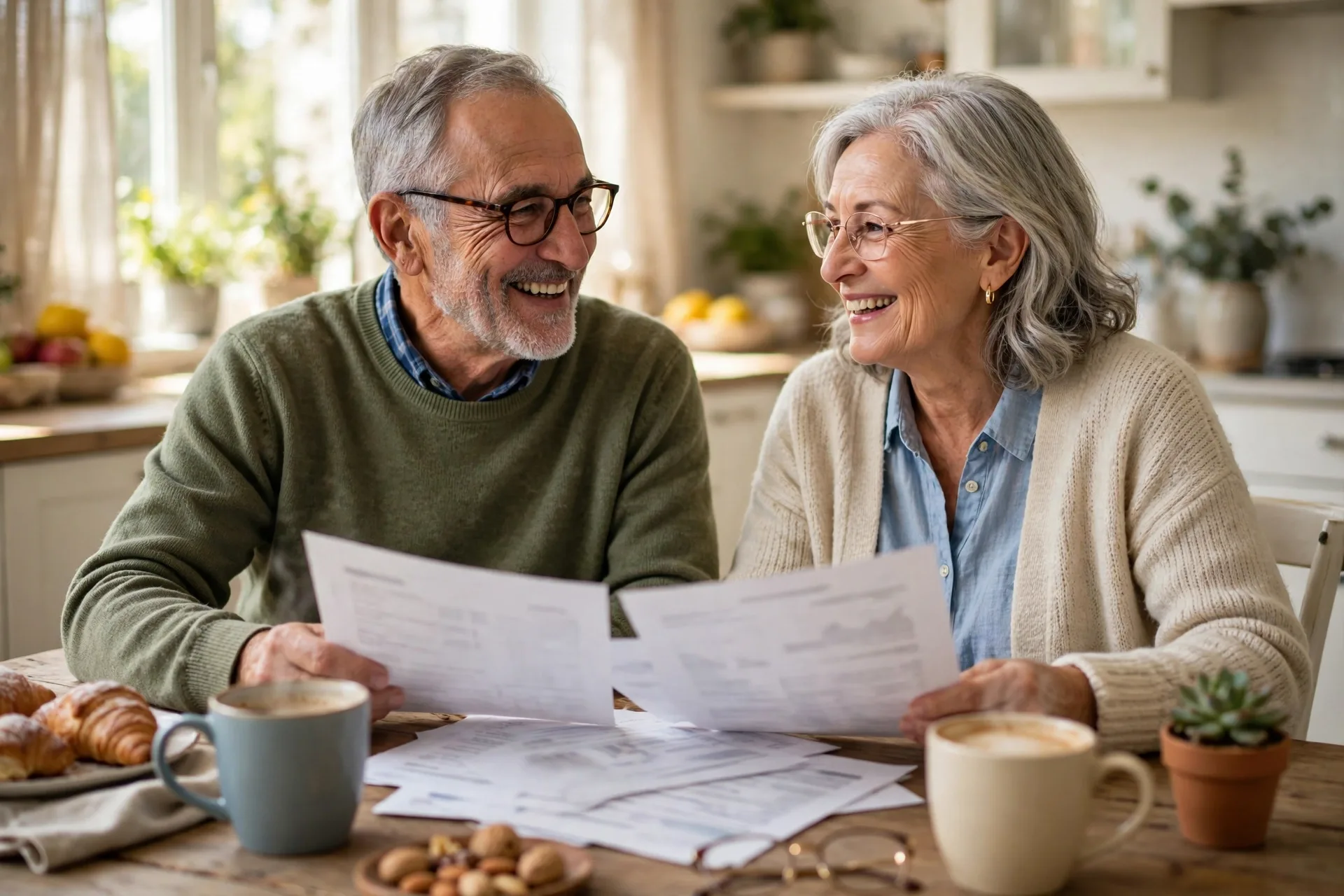 Retired couple reviewing Roth IRA vs Traditional IRA withdrawal rules at a sunny kitchen table