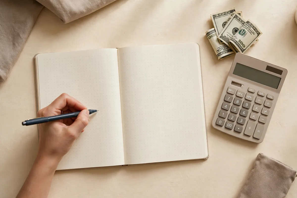 Person writing a monthly budget plan in a notebook to save $10,000