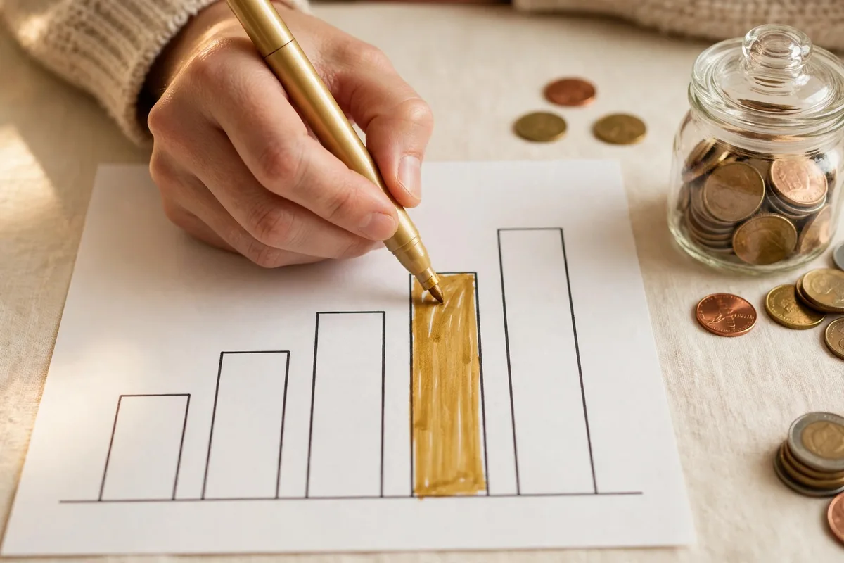 Hand coloring a savings progress tracker chart for a $10,000 savings goal