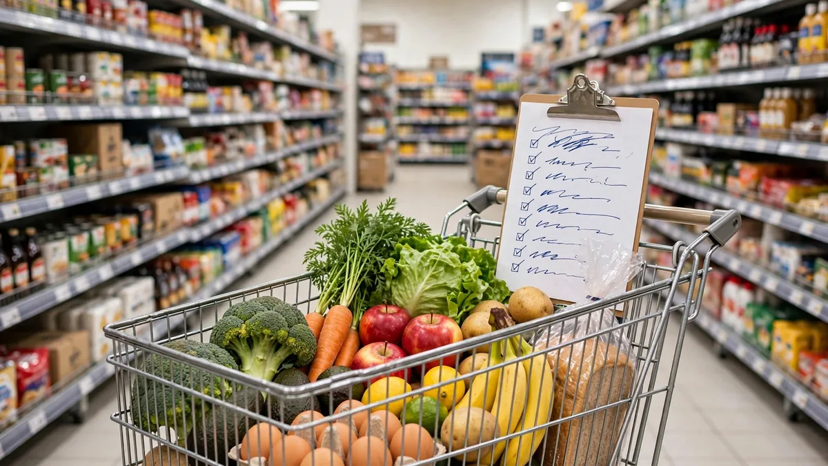 Grocery cart with a budget shopping list showing how to save $500 a month on groceries