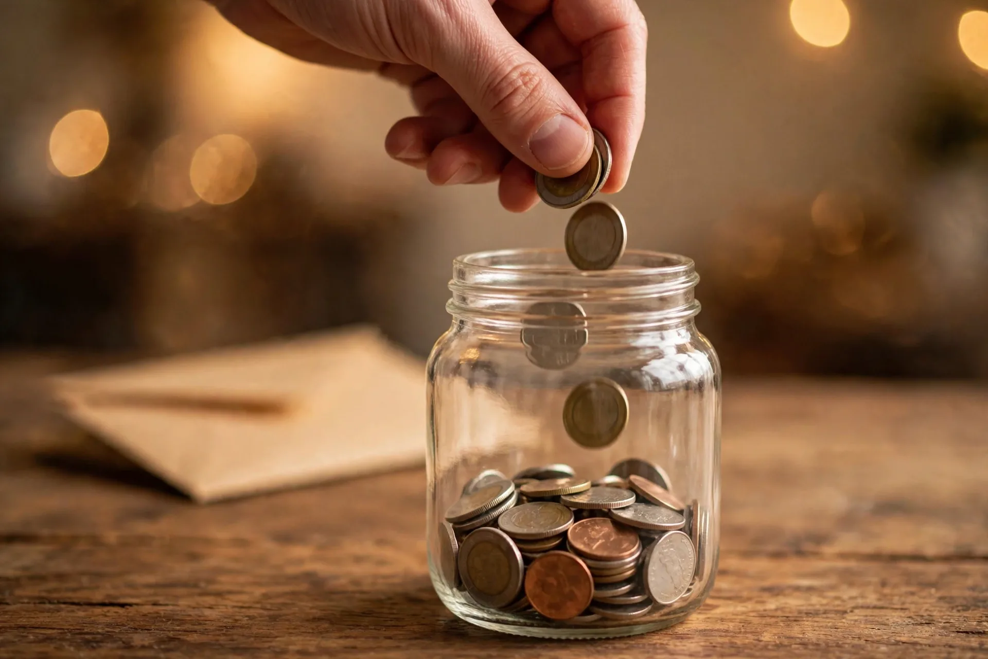Hand putting coins into a savings jar to save a fixed percentage of every paycheck