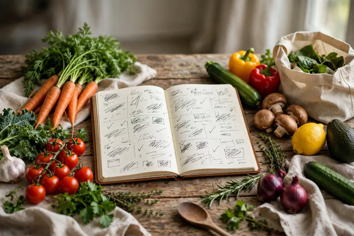 Weekly meal planning calendar with fresh groceries to save money on groceries