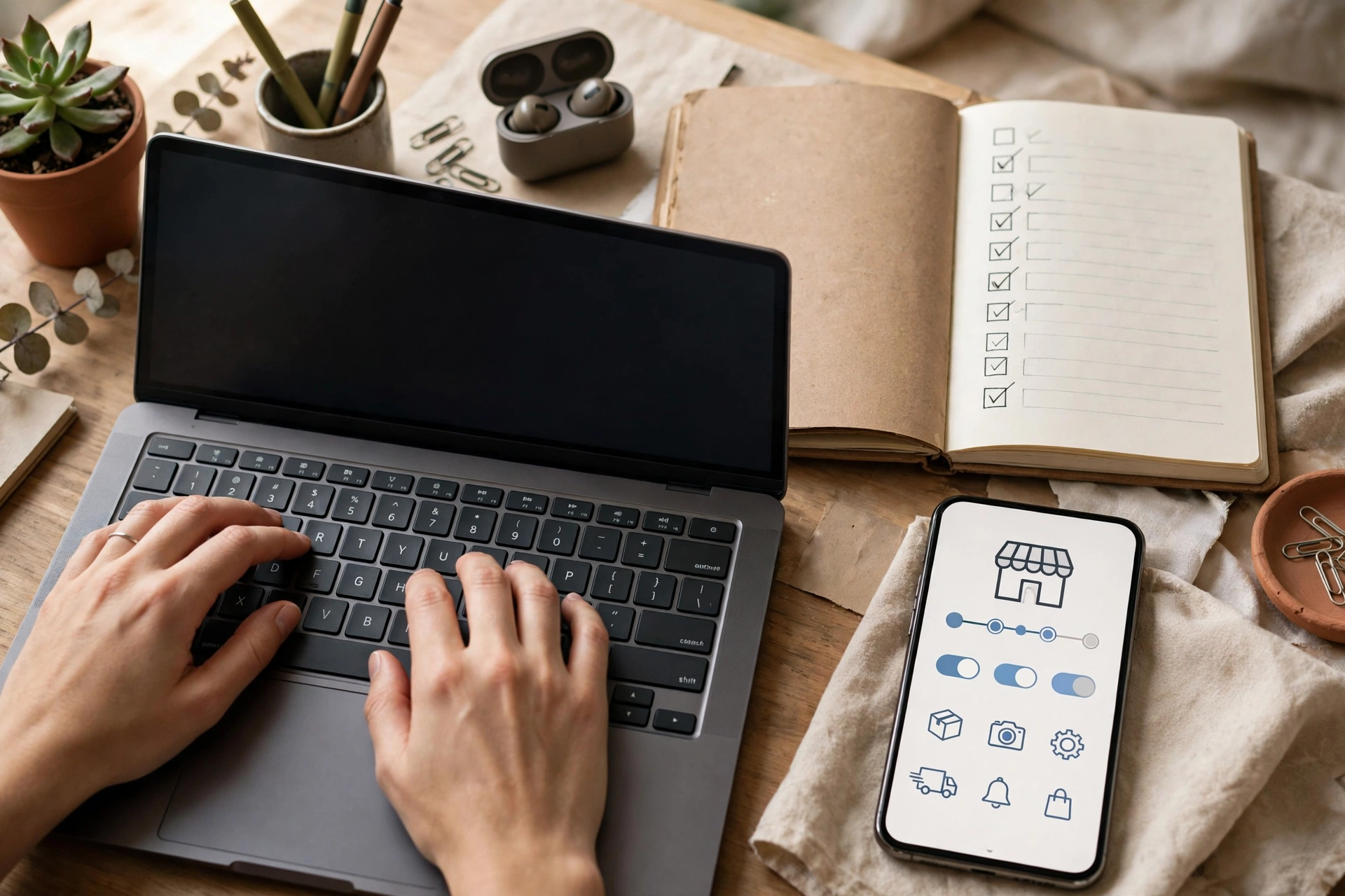 Step by step process to sell digital products online, with a laptop, checklist notebook, and shop setup