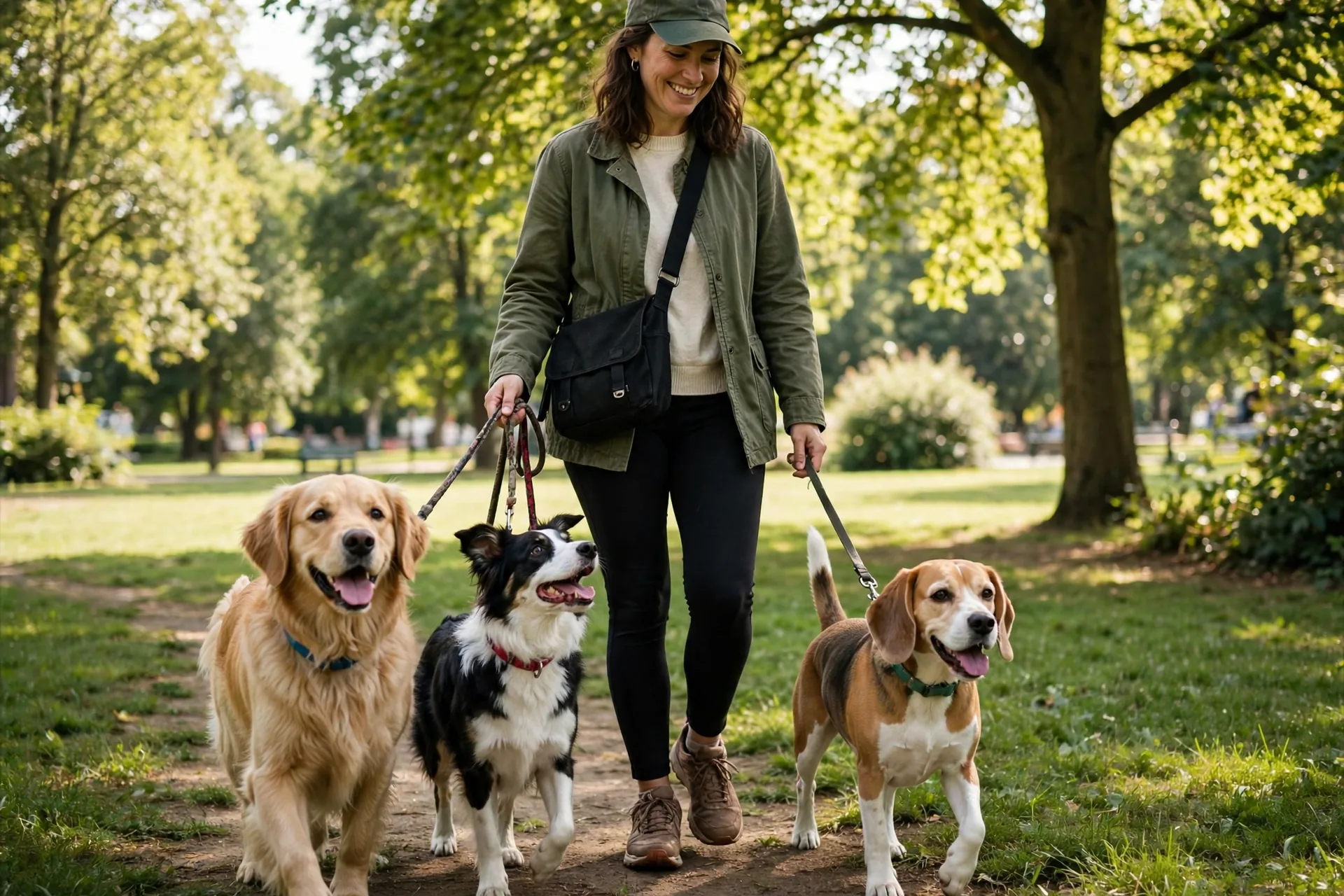 Dog walker with happy dogs in a sunny park, a classic weekend side hustle idea