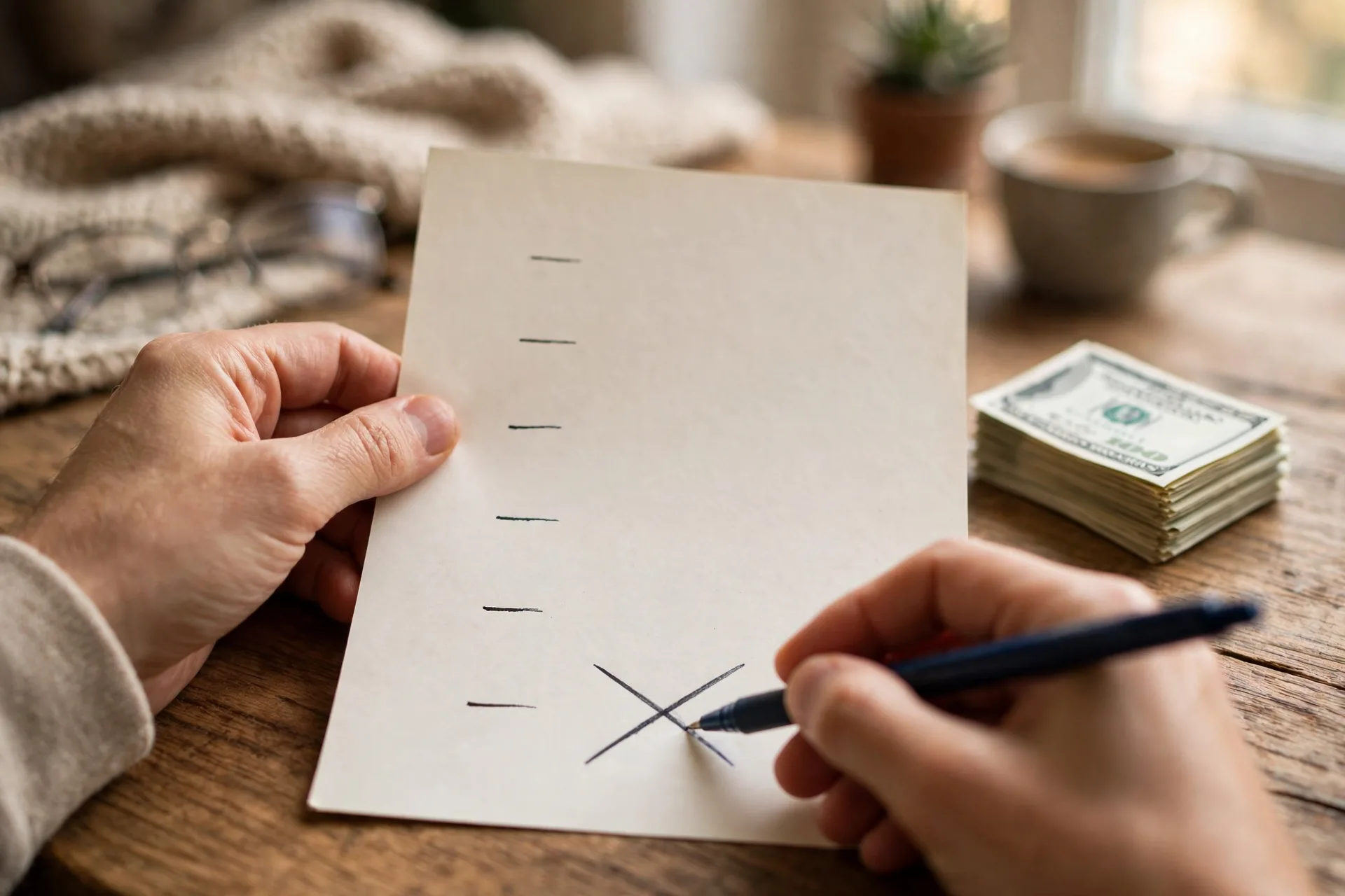 Hands crossing off the smallest bill on a paper debt list, snowball vs avalanche debt snowball method