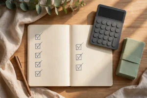 Notebook, calculator and $100 cash on a desk showing the first steps to start investing with $100