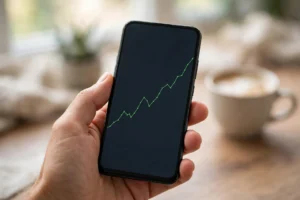Smartphone showing a stock investing app, an easy way to start investing with $100 using fractional shares