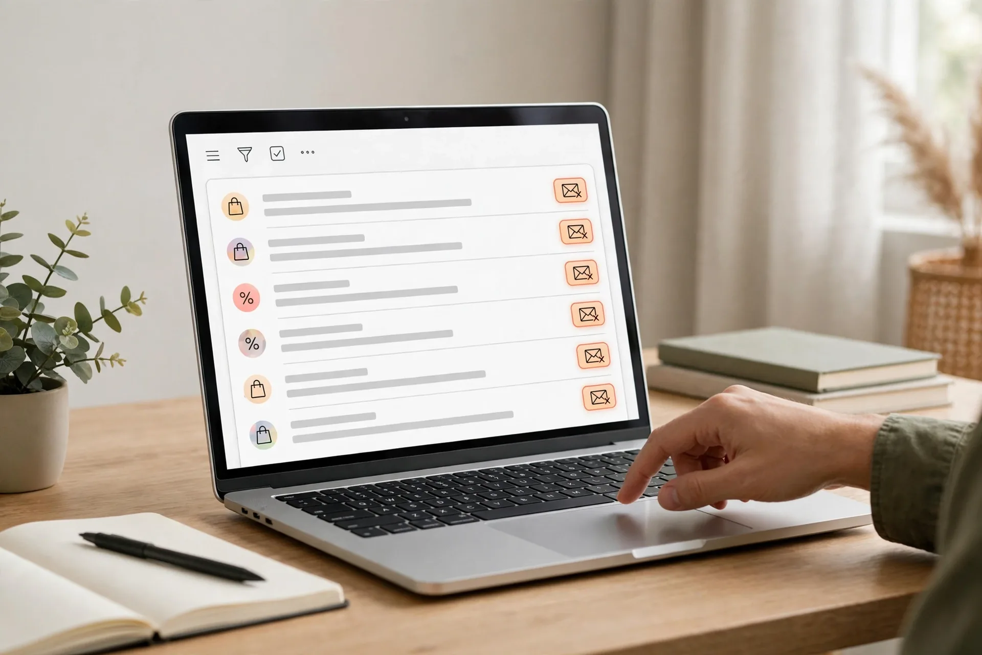 Laptop showing promotional emails to unsubscribe from to stop impulse buying triggers
