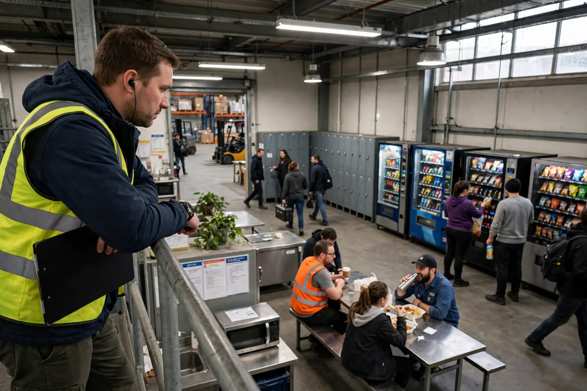 Person checking foot traffic in a warehouse break room for a vending machine business location