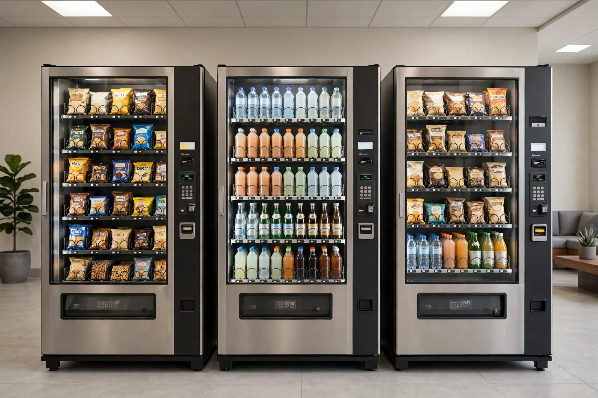 Row of snack, drink and combo vending machines for a vending machine business