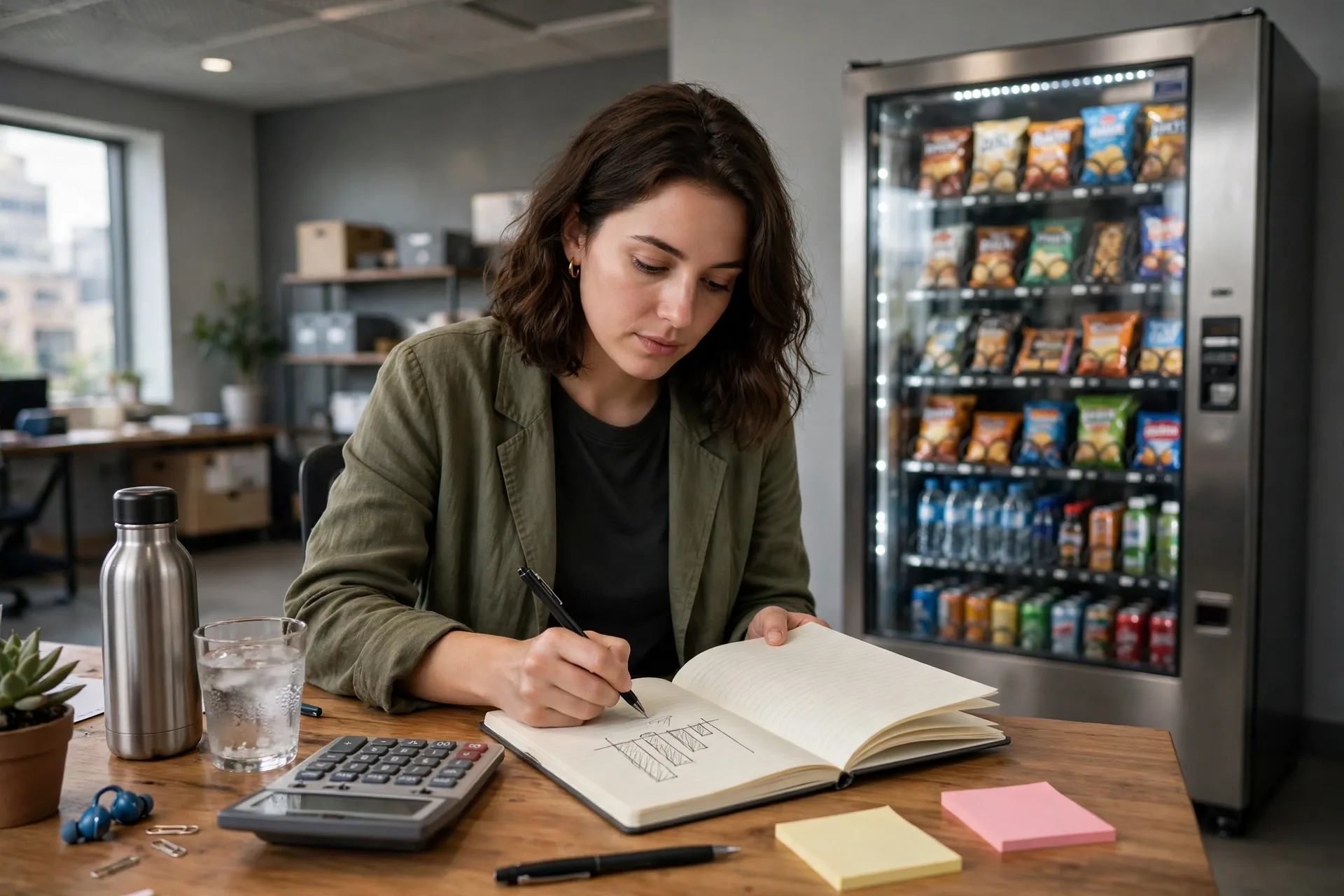 Person reviewing vending machine business profit math with a notebook and calculator