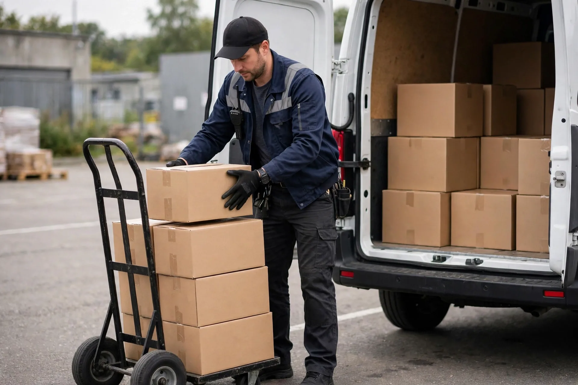 Vending machine business route operator loading snack boxes onto a hand truck