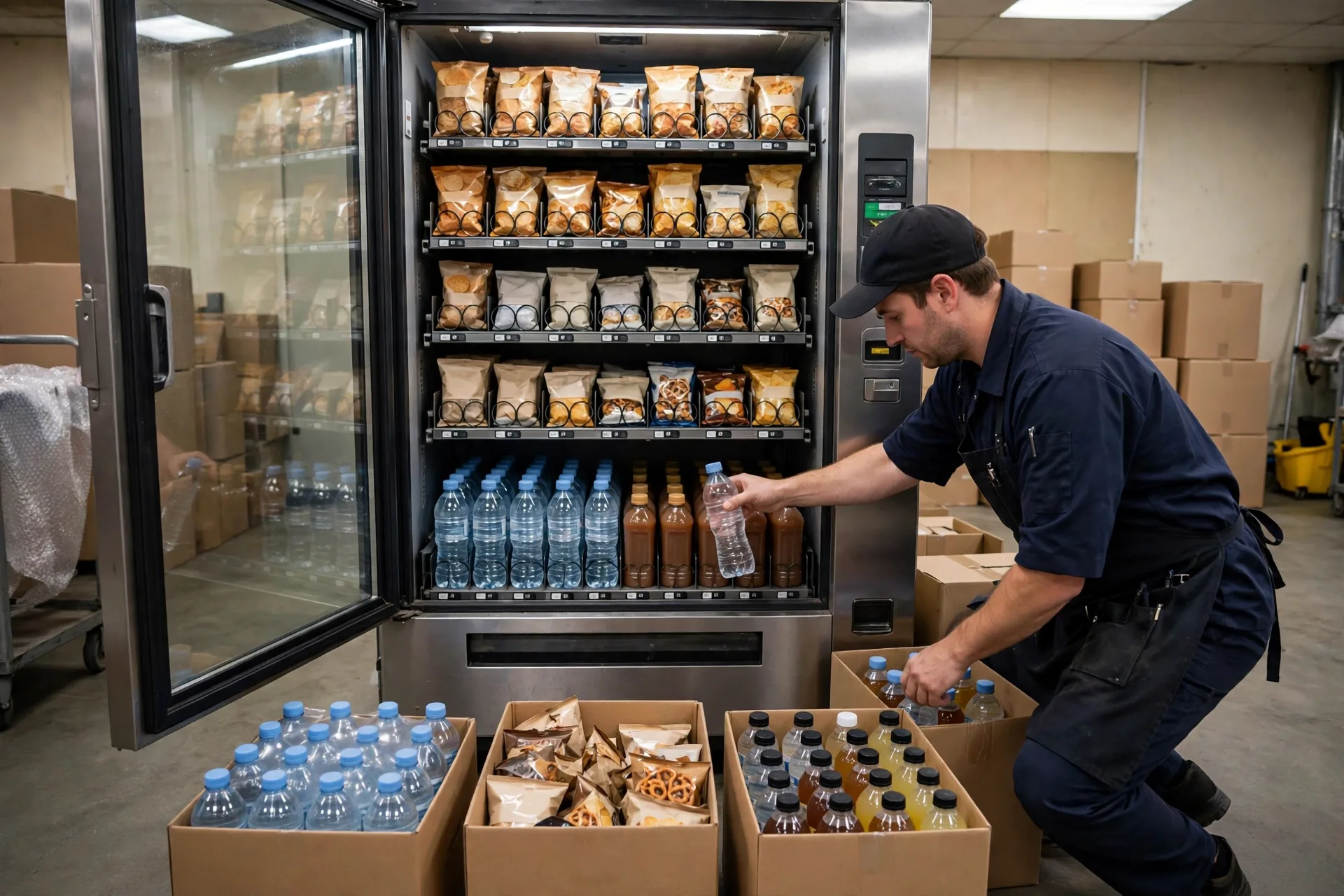 Person restocking a vending machine with snacks and drinks for a vending machine business