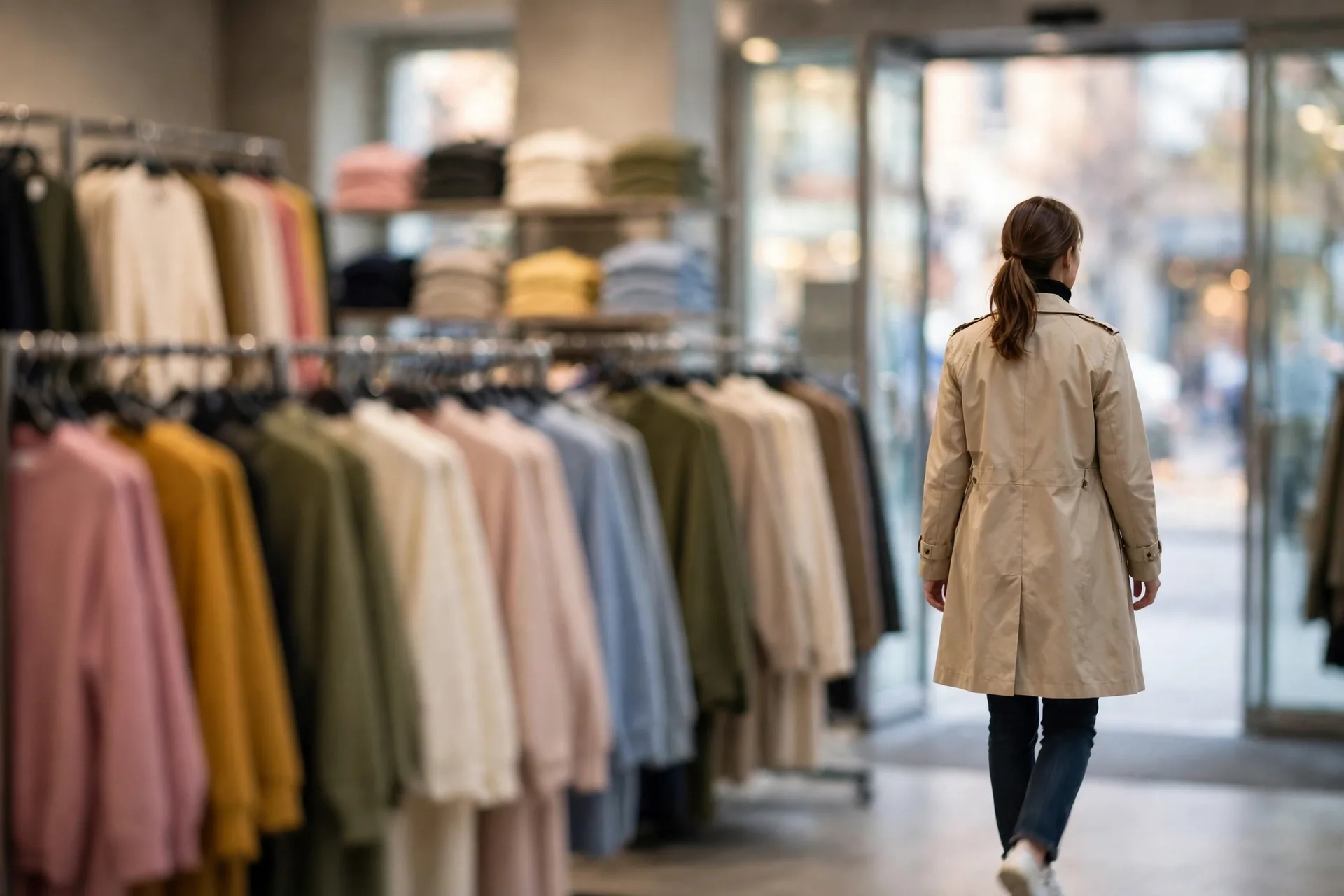 Woman walking away from a store sale display to resist impulse buying
