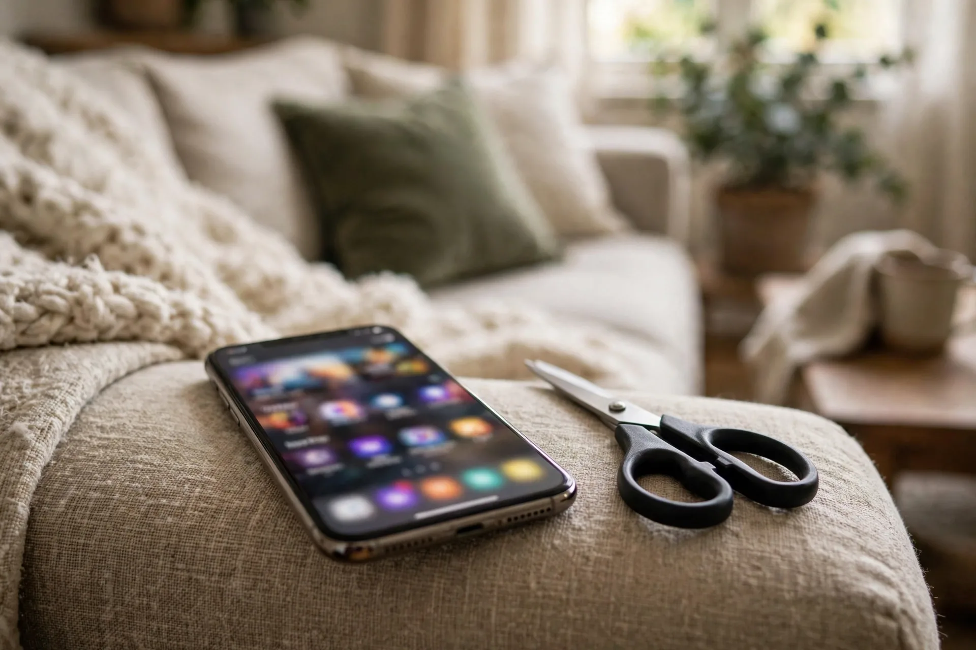 Smartphone next to scissors symbolizing cutting subscriptions, a simple way to save money every month