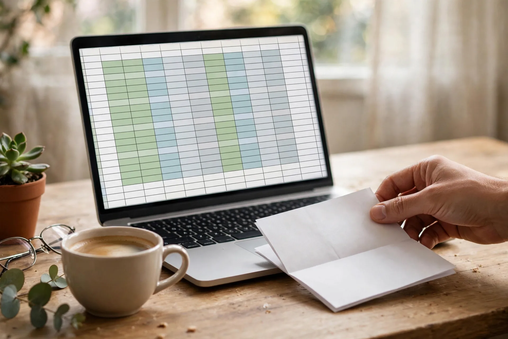 Person reviewing a utility bill and budget spreadsheet on a desk, one of the best ways to save money every month on bills