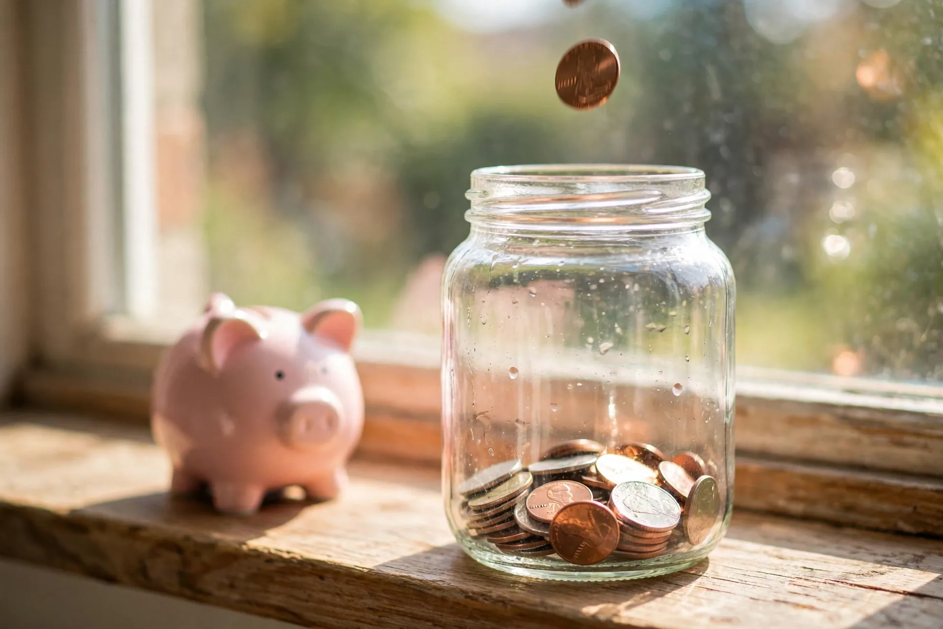 Coins dropped into a glass savings jar on a windowsill, daily saving habits that help you save money every month