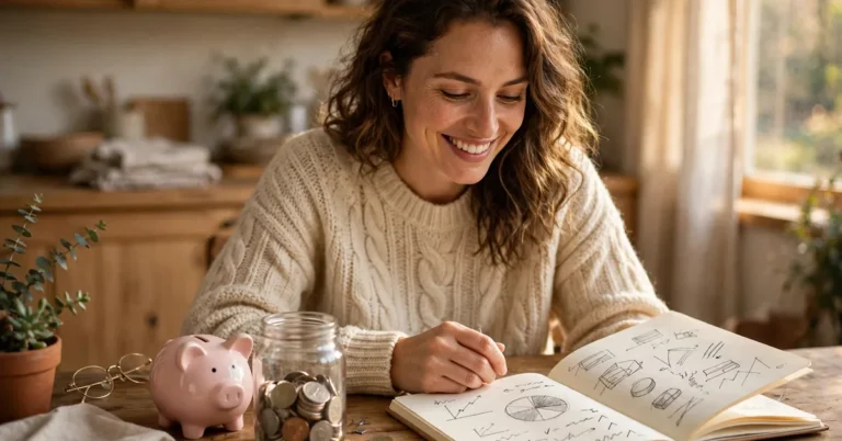 Woman reviewing easy ways to save money every month in a budget planner with a piggy bank and coin jar