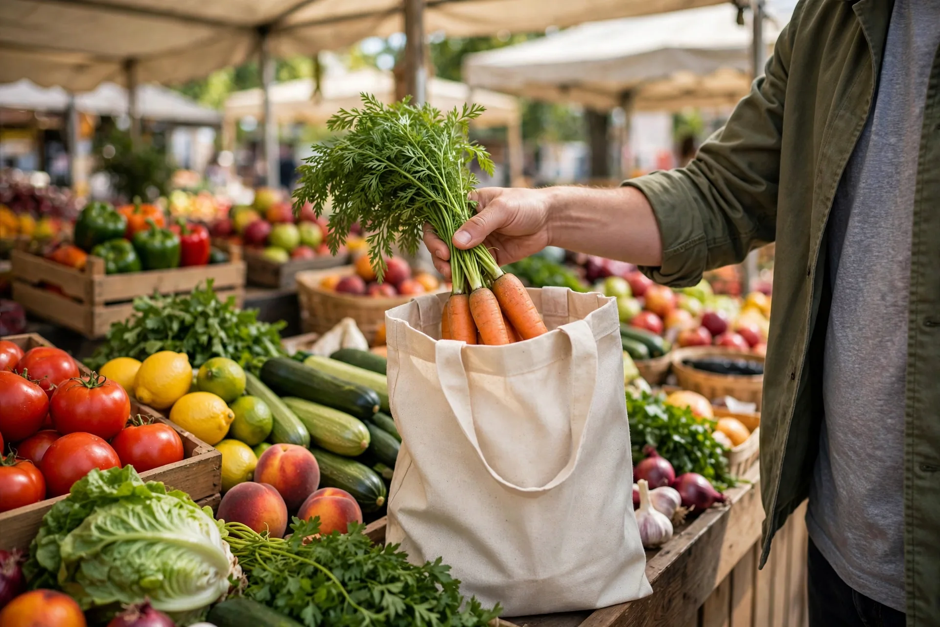 Shopper placing fresh vegetables in a reusable bag at a market, an easy way to save money every month on groceries