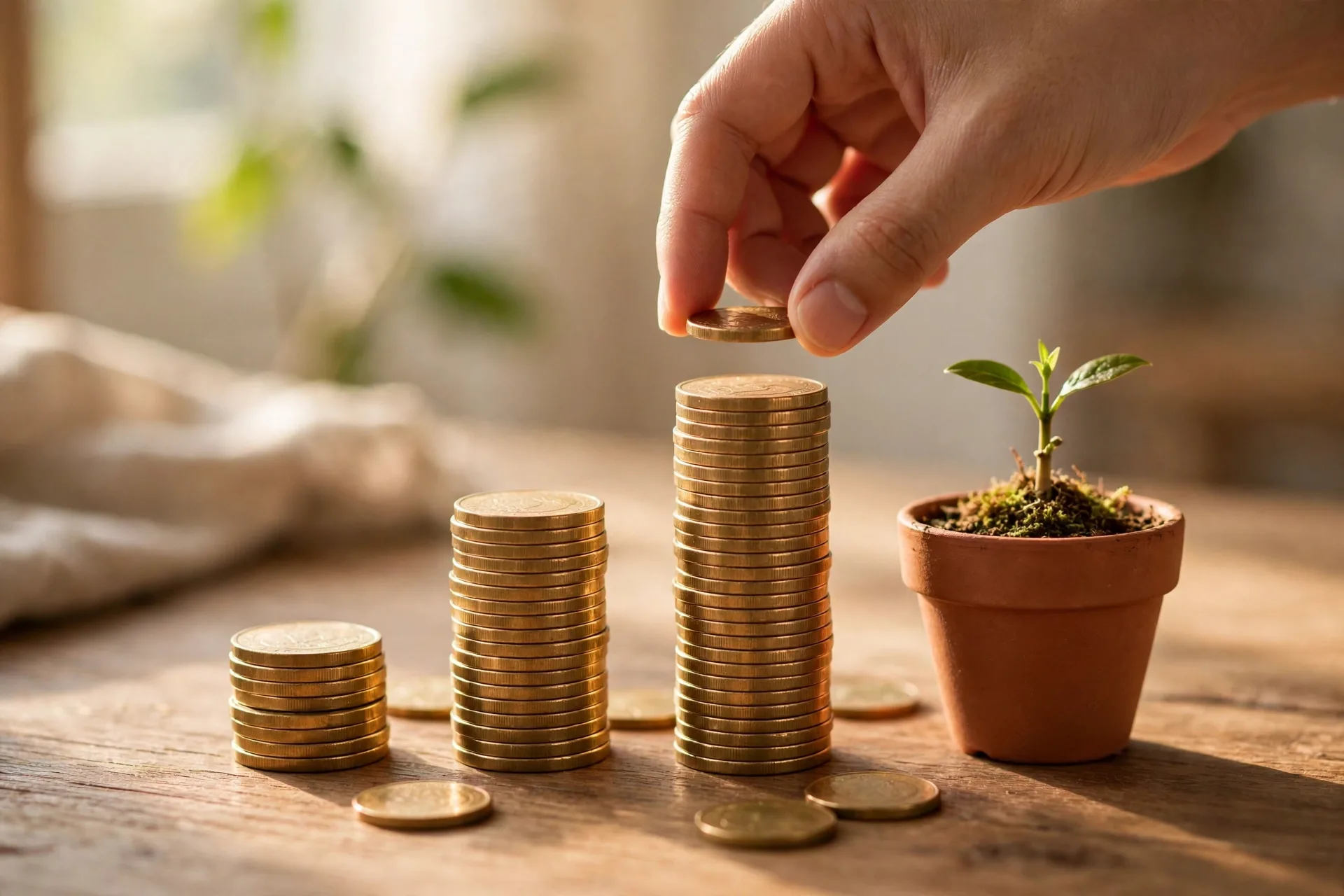 Hand placing coins on a growing investment chart for consistent wealth building habits