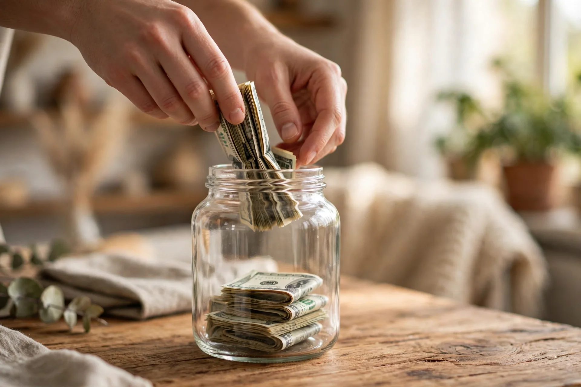 Hands putting money into a savings jar labeled save, a core wealth building habit
