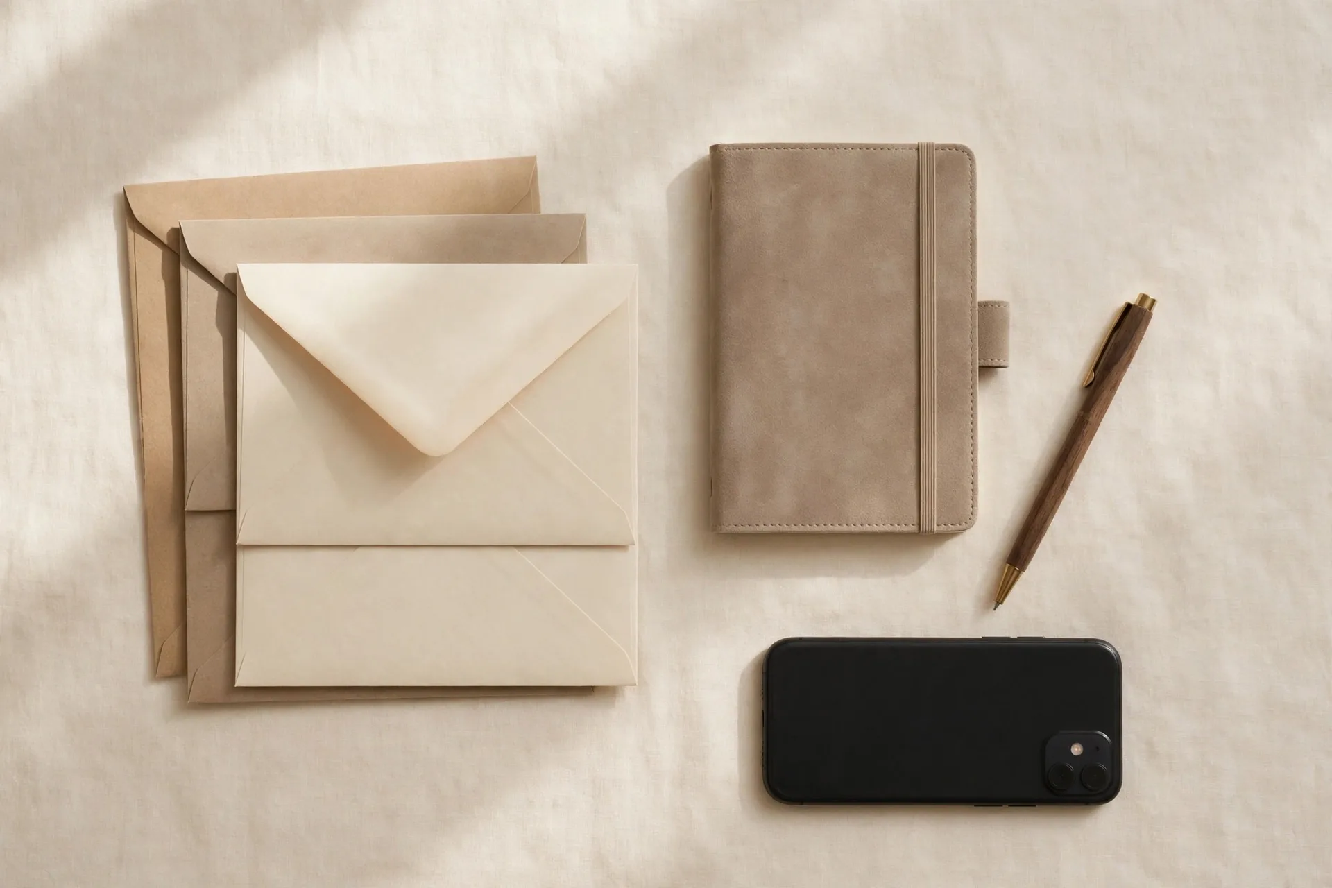 Neat weekly bill-paying setup with envelopes, notebook, and phone during a weekly money review