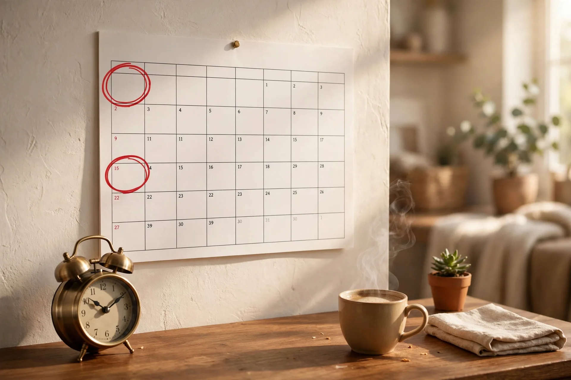Wall calendar with a circled Sunday and alarm clock, a reminder for the weekly money check-in routine