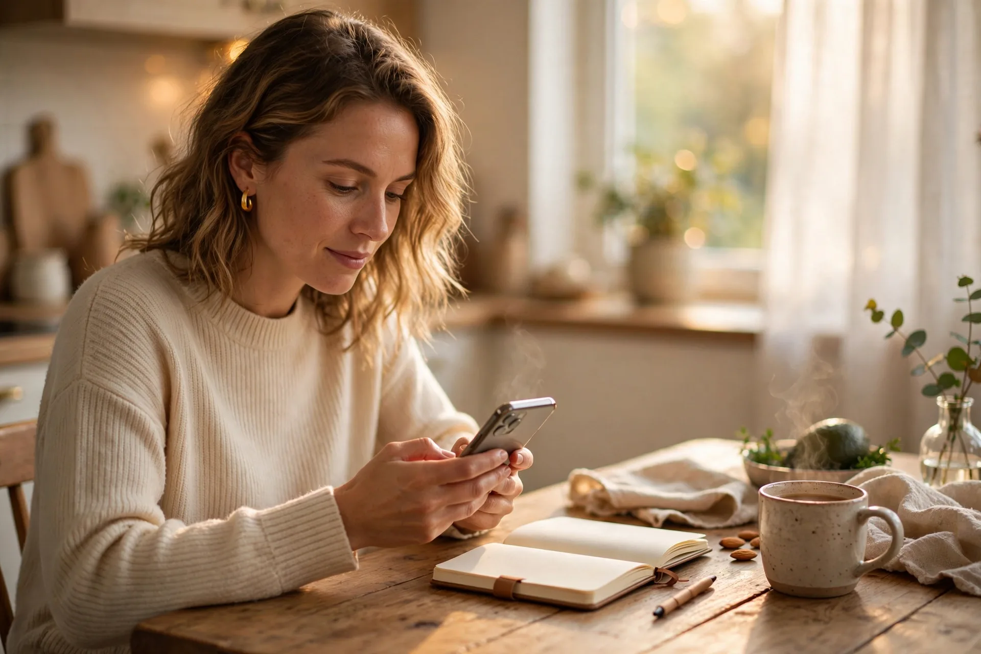 Woman doing a weekly money check-in on her phone banking app at a bright kitchen table