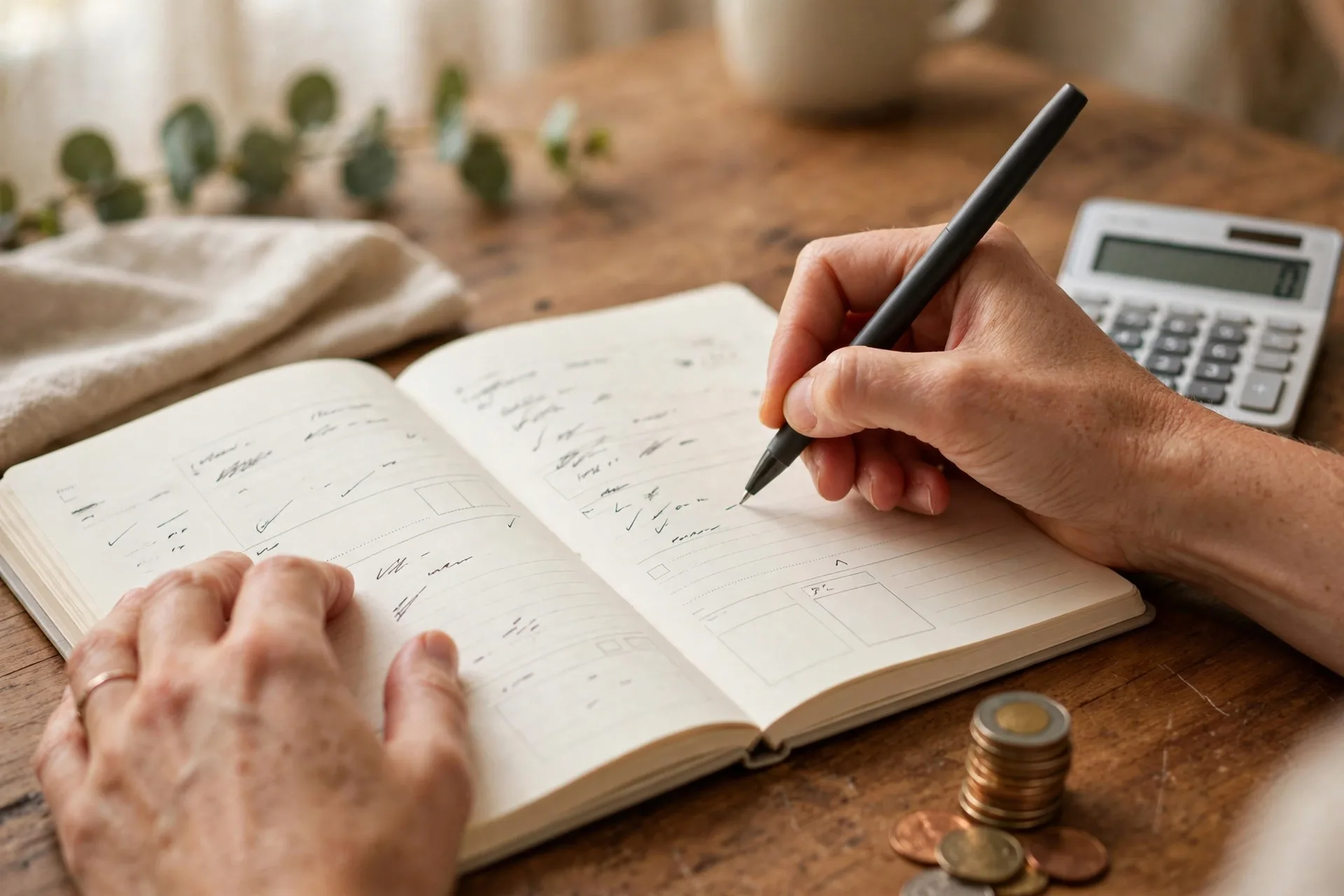 Hands writing weekly budget review notes in a planner with a calculator and coins on a desk