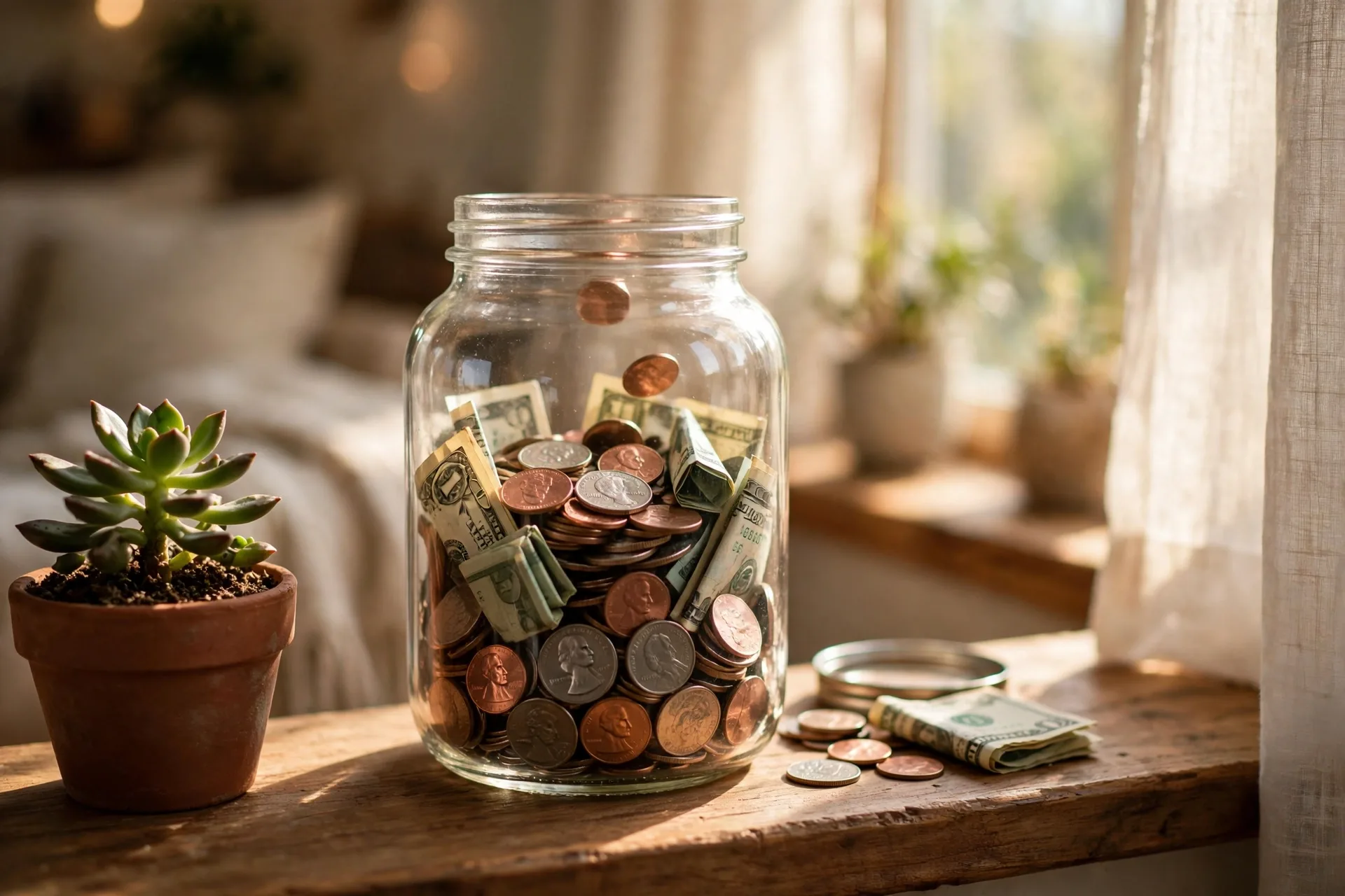 Glass savings jar filling with coins on a sunny windowsill, a weekly money review savings habit