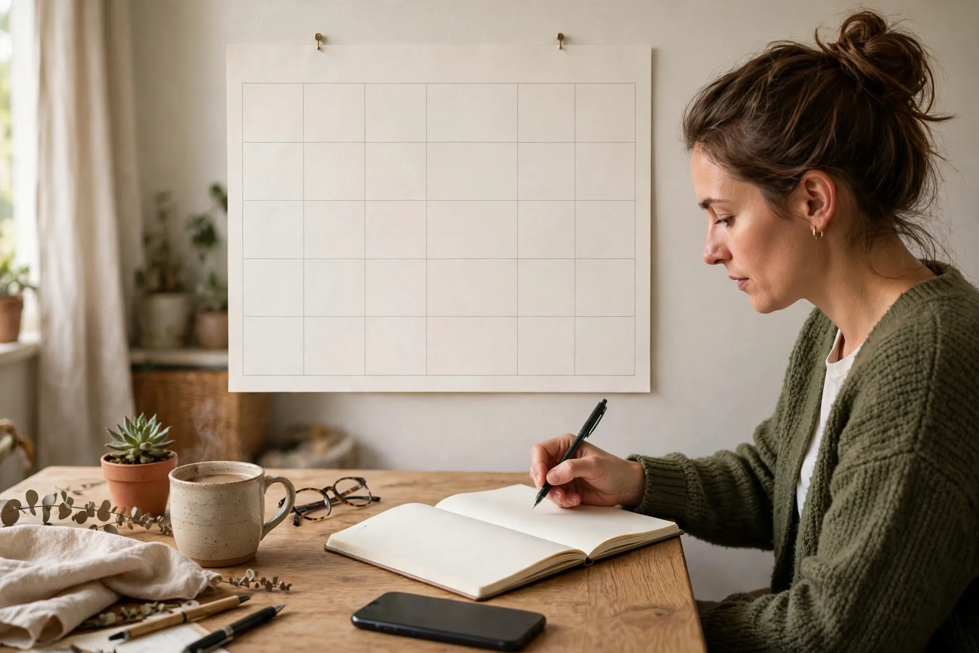 A person planning a weekly schedule on a wall calendar for gig work decisions