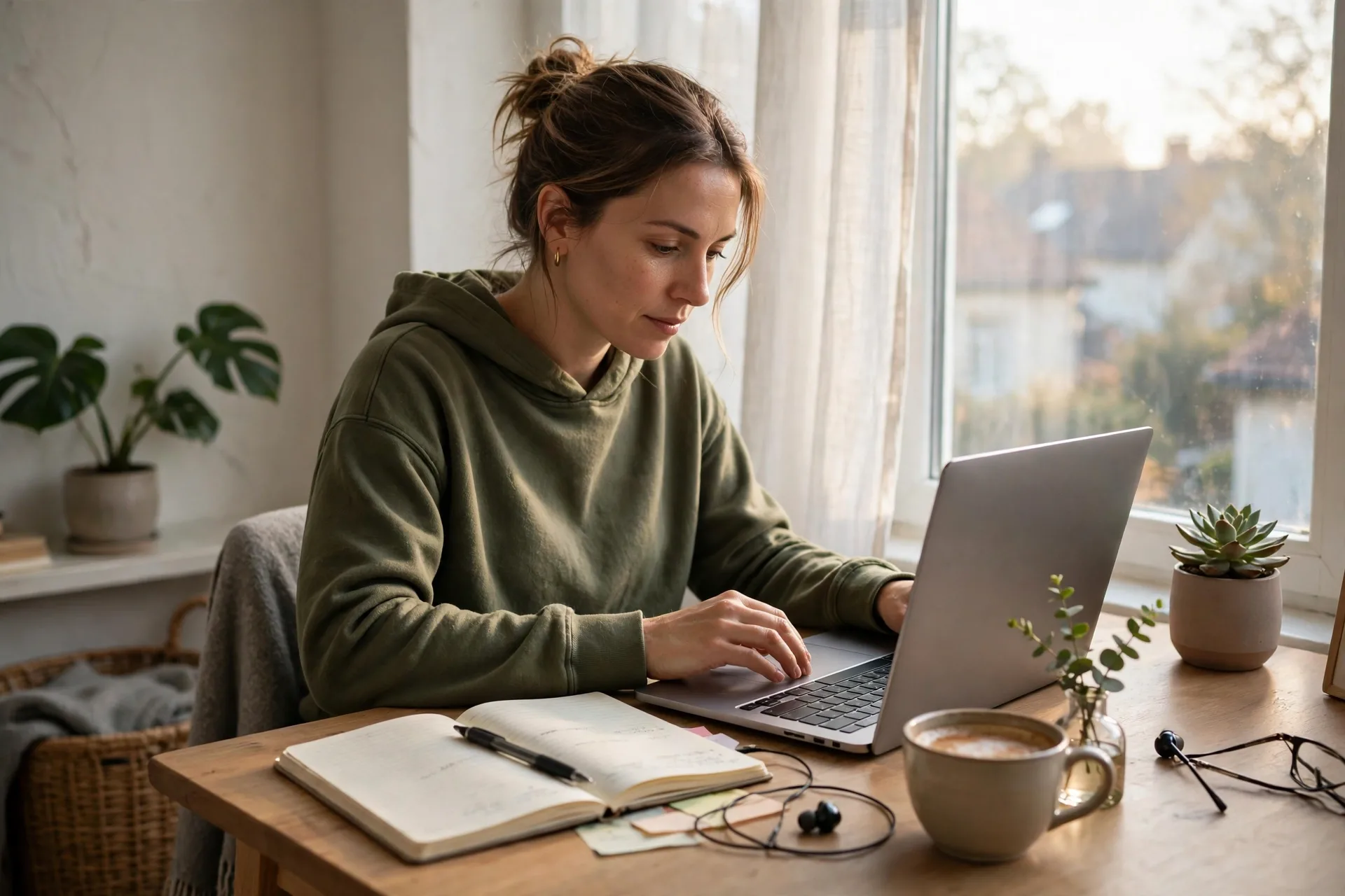 A freelancer working on a laptop at a bright home desk for flexible gig work