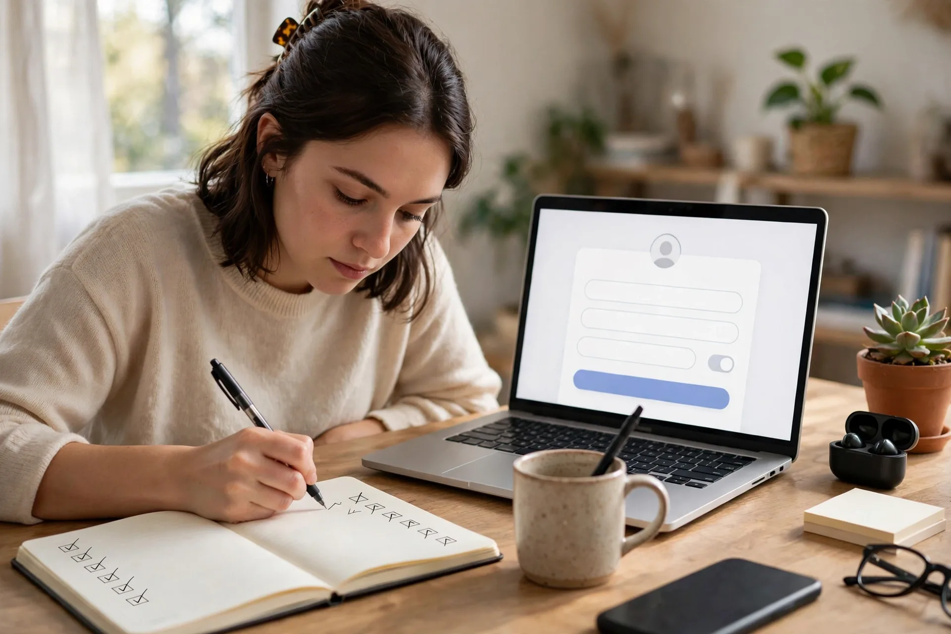 A person writing a short checklist in a notebook for starting gig work