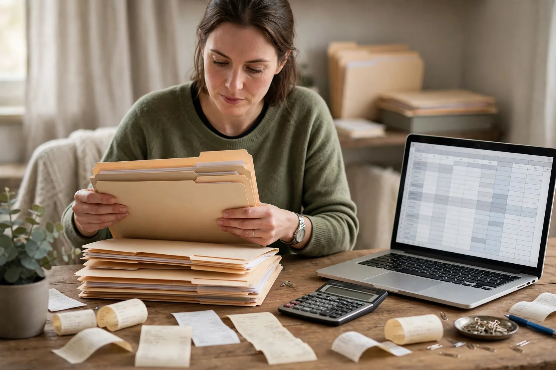 A person organizing tax folders, receipts, and a calculator for gig worker records
