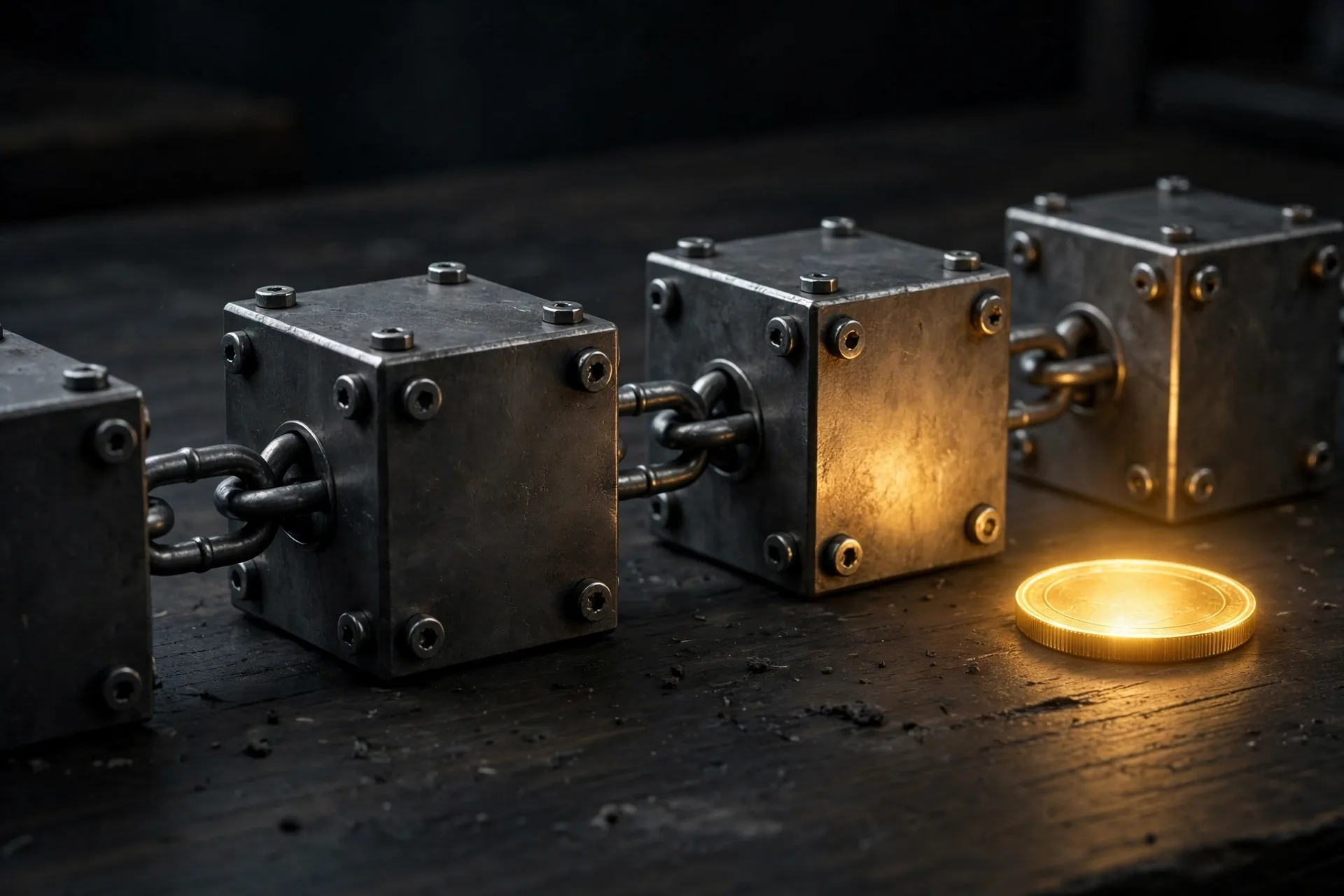 Linked metal chain blocks with a gold Bitcoin coin showing how the Bitcoin blockchain records transactions
