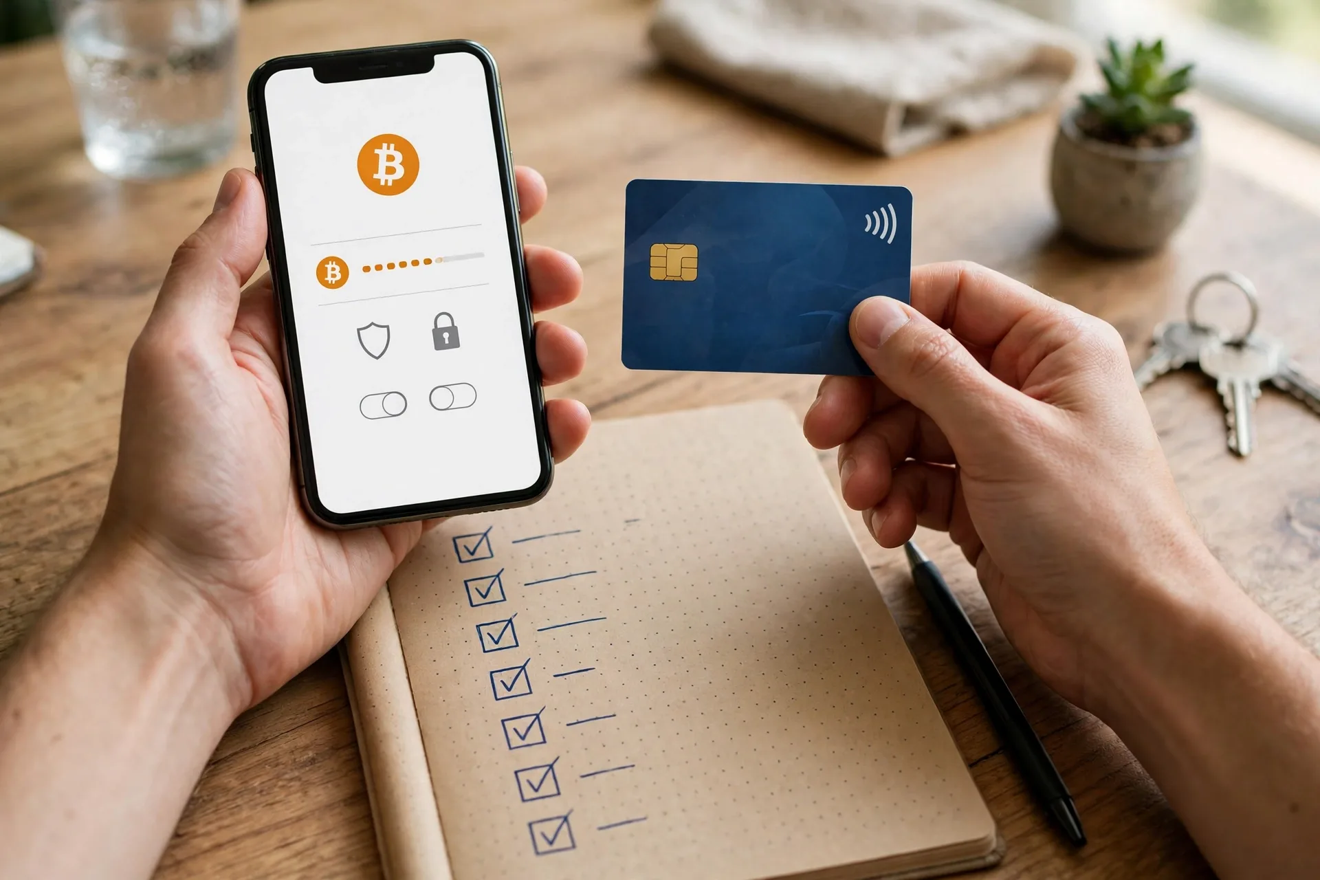Hands holding a smartphone and card at a desk with a checklist for buying a small amount of Bitcoin safely