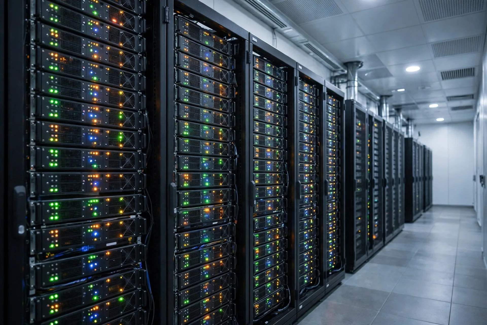 Row of mining computers with blinking lights verifying Bitcoin transactions for what is bitcoin