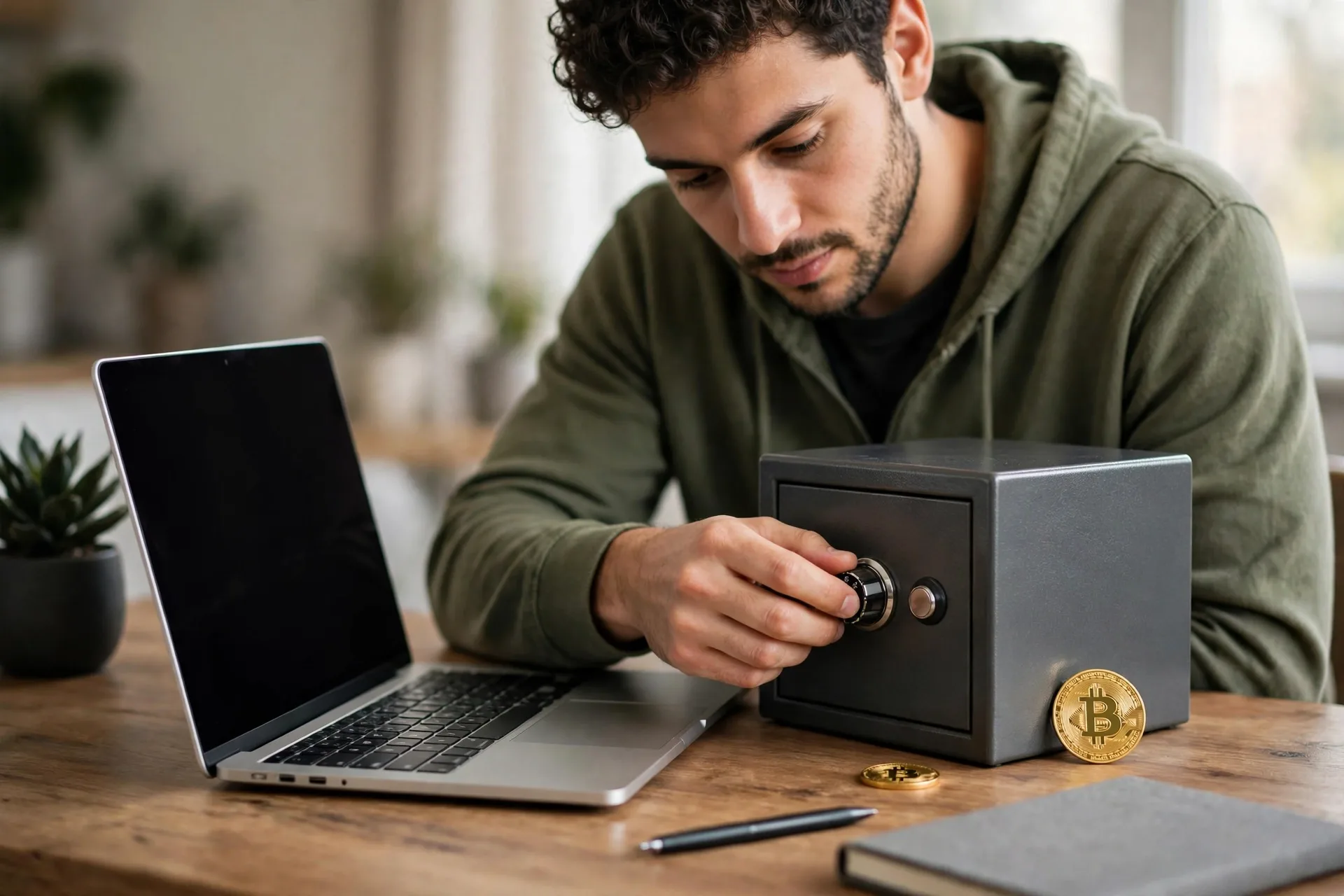 Person locking a safe box on a desk with a laptop and gold Bitcoin coin showing how to keep Bitcoin safe