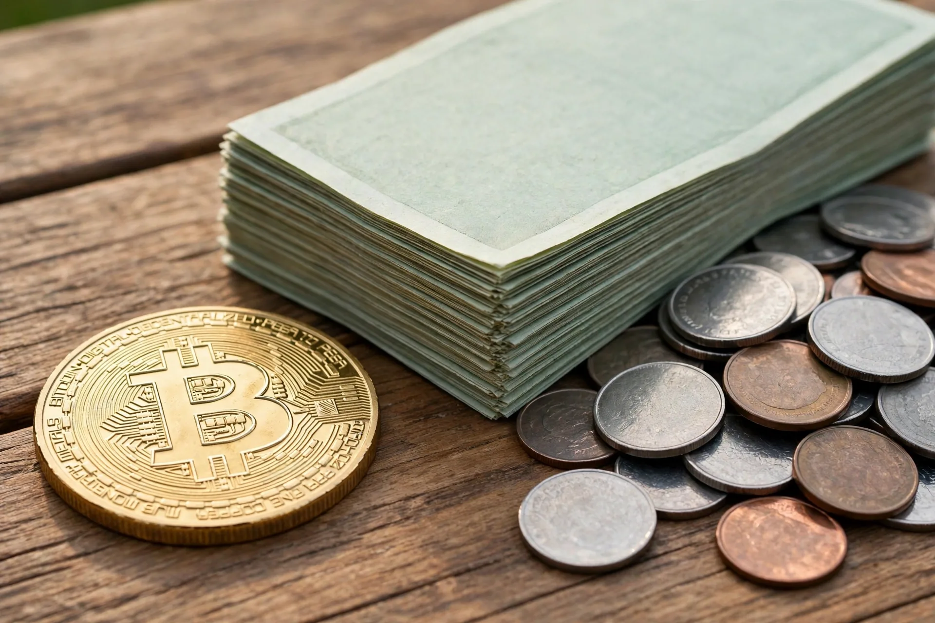 Gold Bitcoin coin next to US dollar bills and coins comparing Bitcoin with the US dollar for what is bitcoin