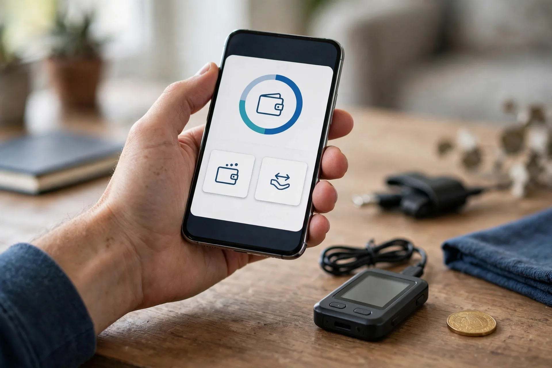 Person holding a smartphone wallet app and hardware wallet device with a gold Bitcoin coin for what is bitcoin