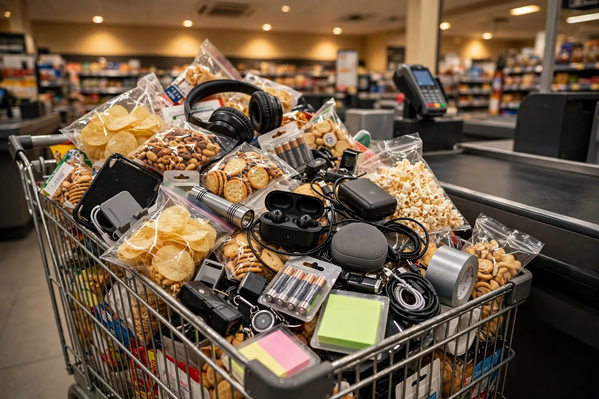 Overflowing shopping cart with unplanned items showing what impulse buying looks like