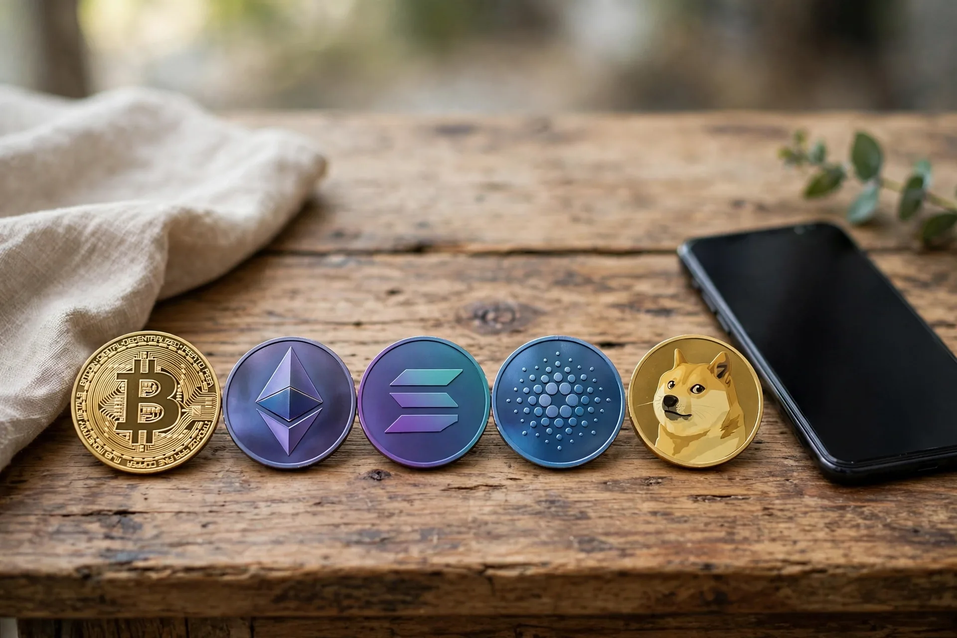 Different cryptocurrency coins in a row on a desk for what is staking and which cryptos can you stake