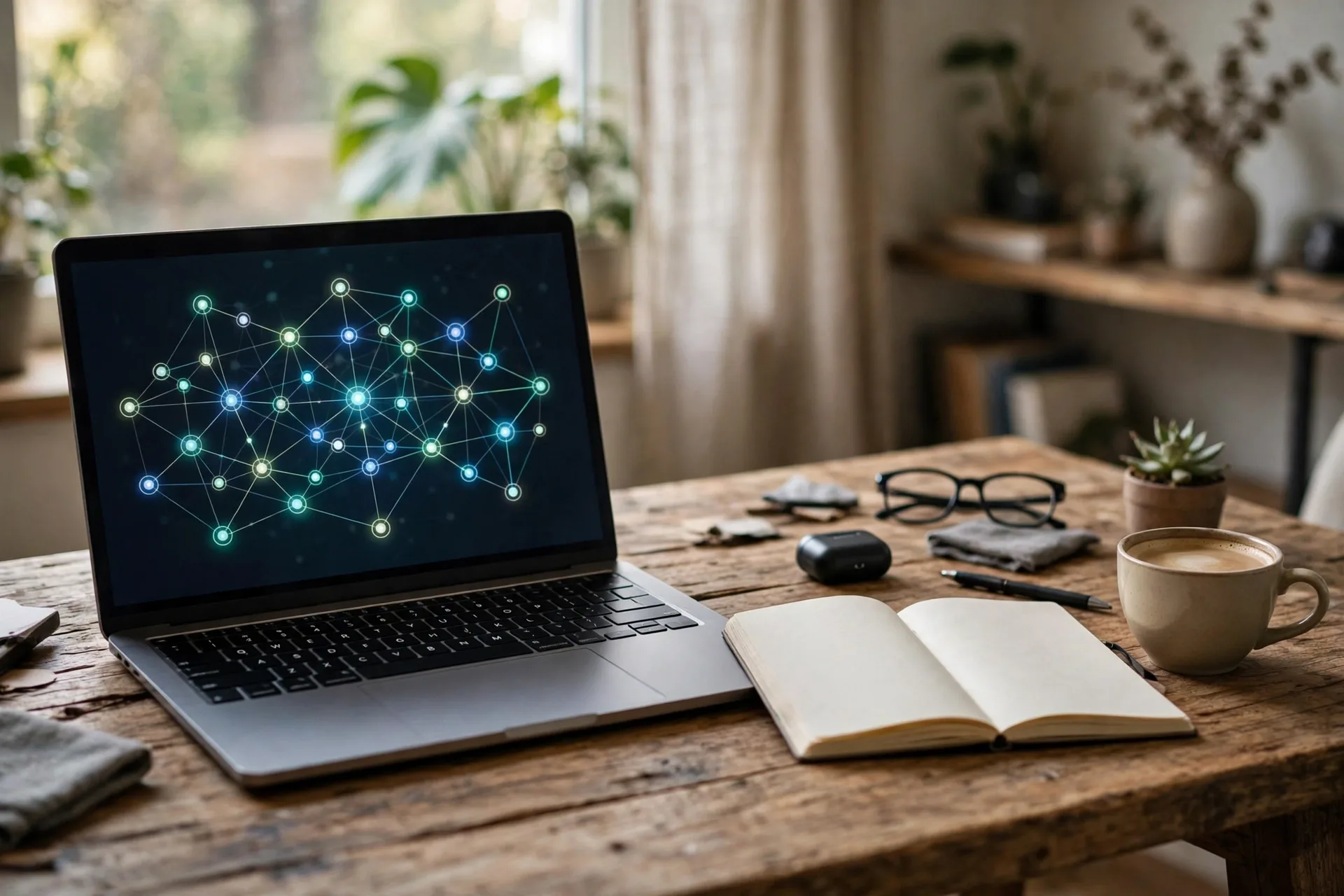 Laptop showing a blockchain network diagram for what is staking and how staking works