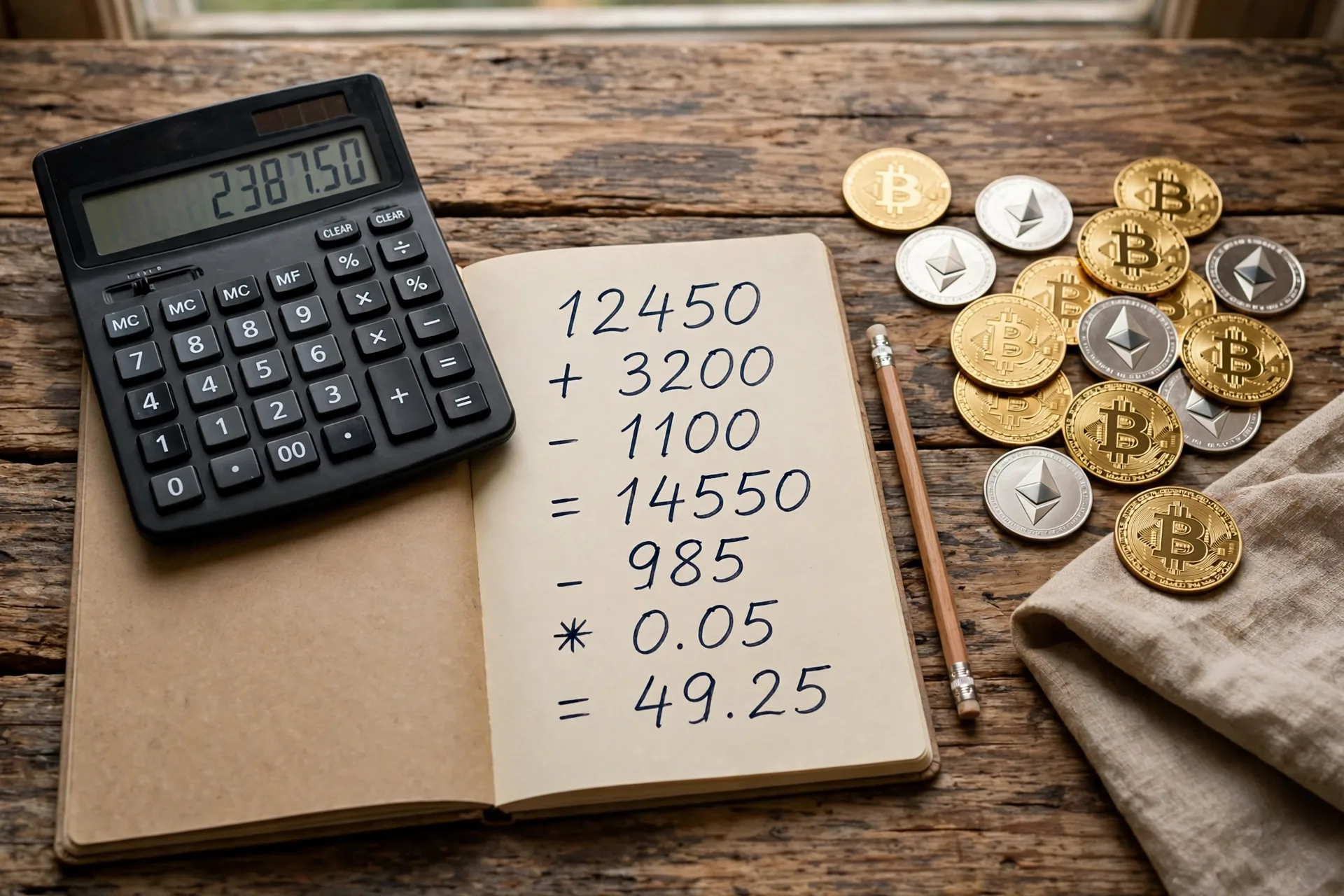 Calculator and notebook with coins on a desk for what is staking rewards
