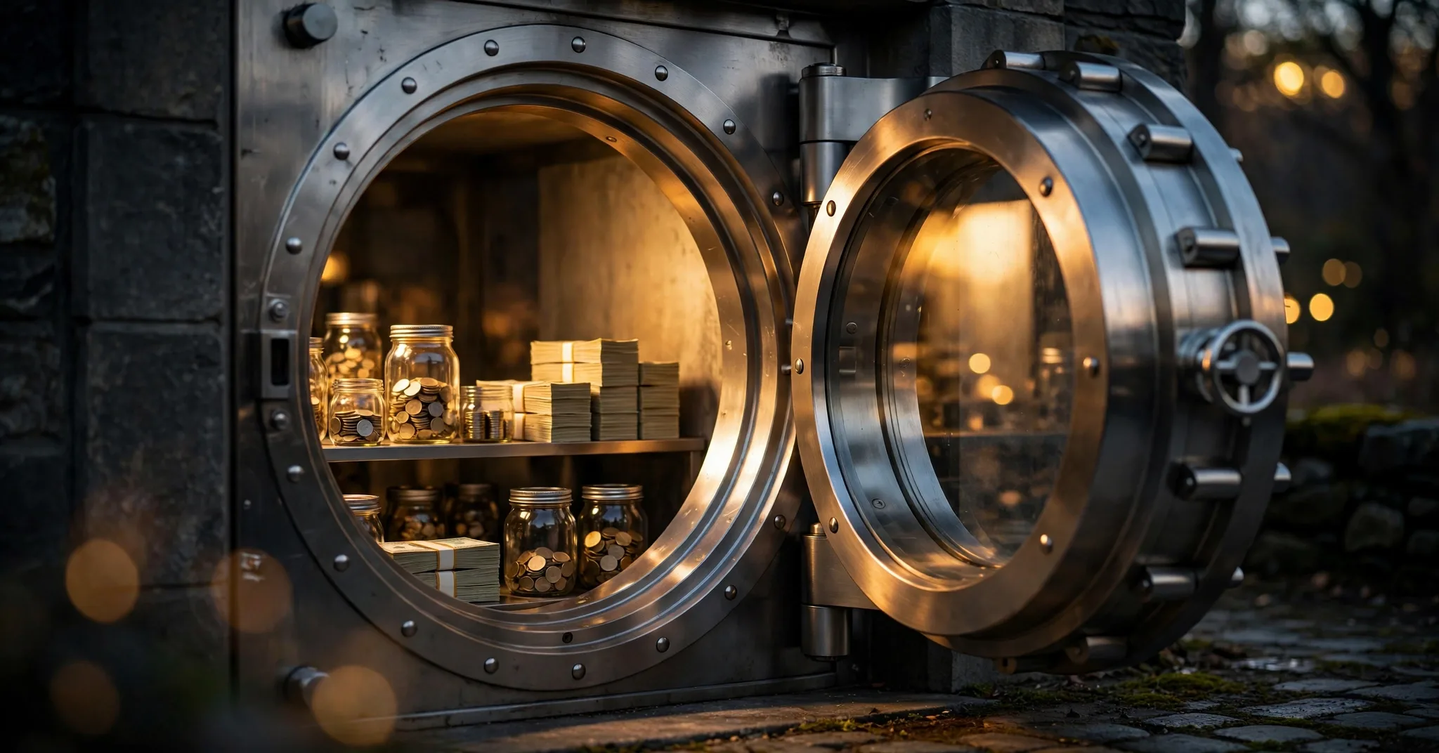 Bank vault with cash and savings jars showing where to keep emergency fund money safely