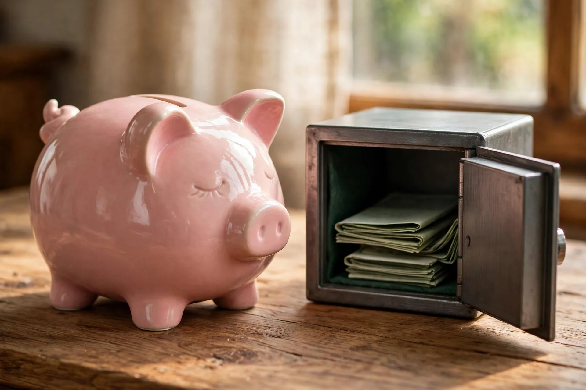 Piggy bank and safe deposit box showing where to keep emergency fund savings safe